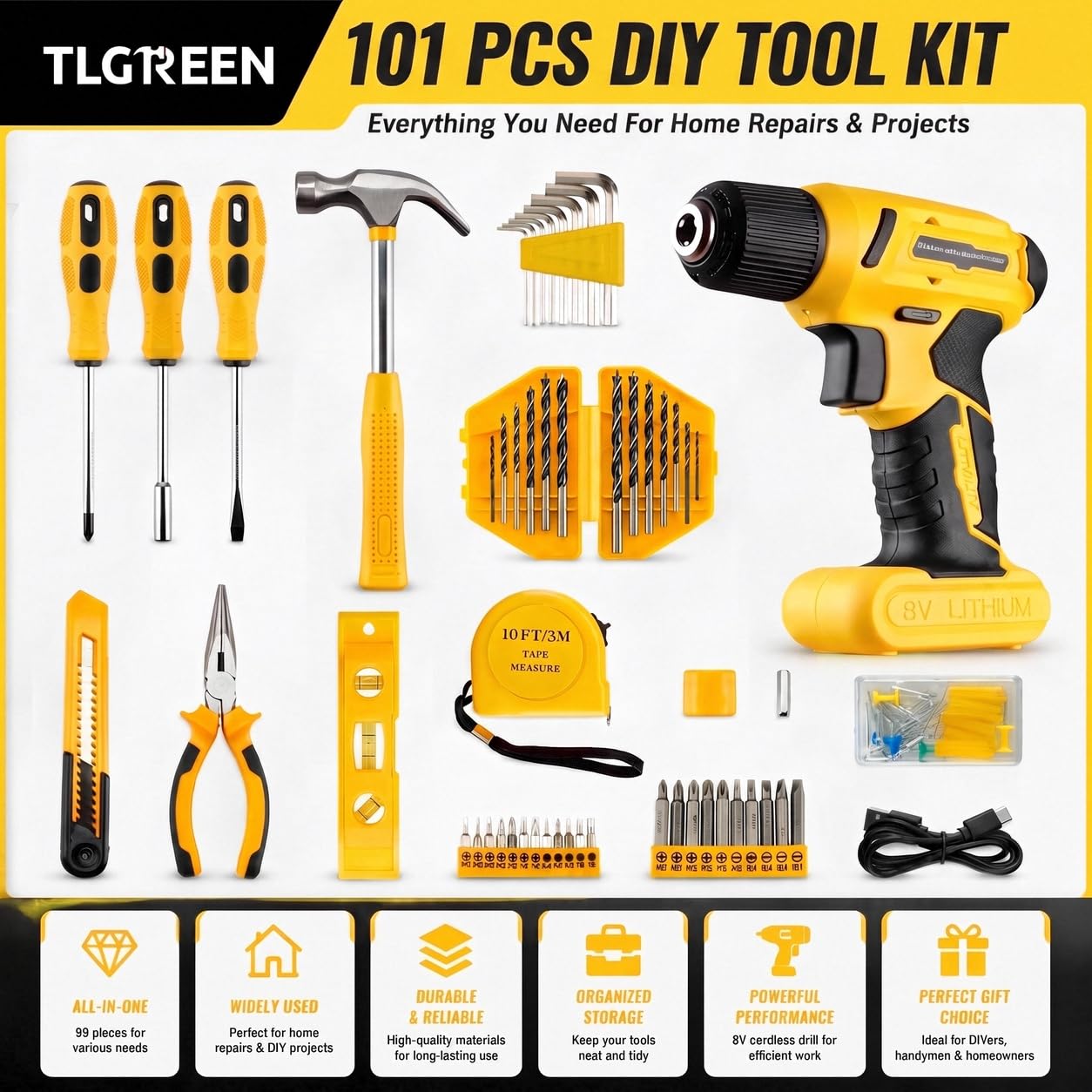 TLGREEN Caja Herramientas con Destornillador Electrico/Taladro 8V, Maletin Herramientas Completa 101 Piezas, Kit Juego de herramientas, Portable para Bricolaje y Arreglos Diarios | Carga USB-C Maletín Herramientas Portátil Juego de Herramientas, Juego de