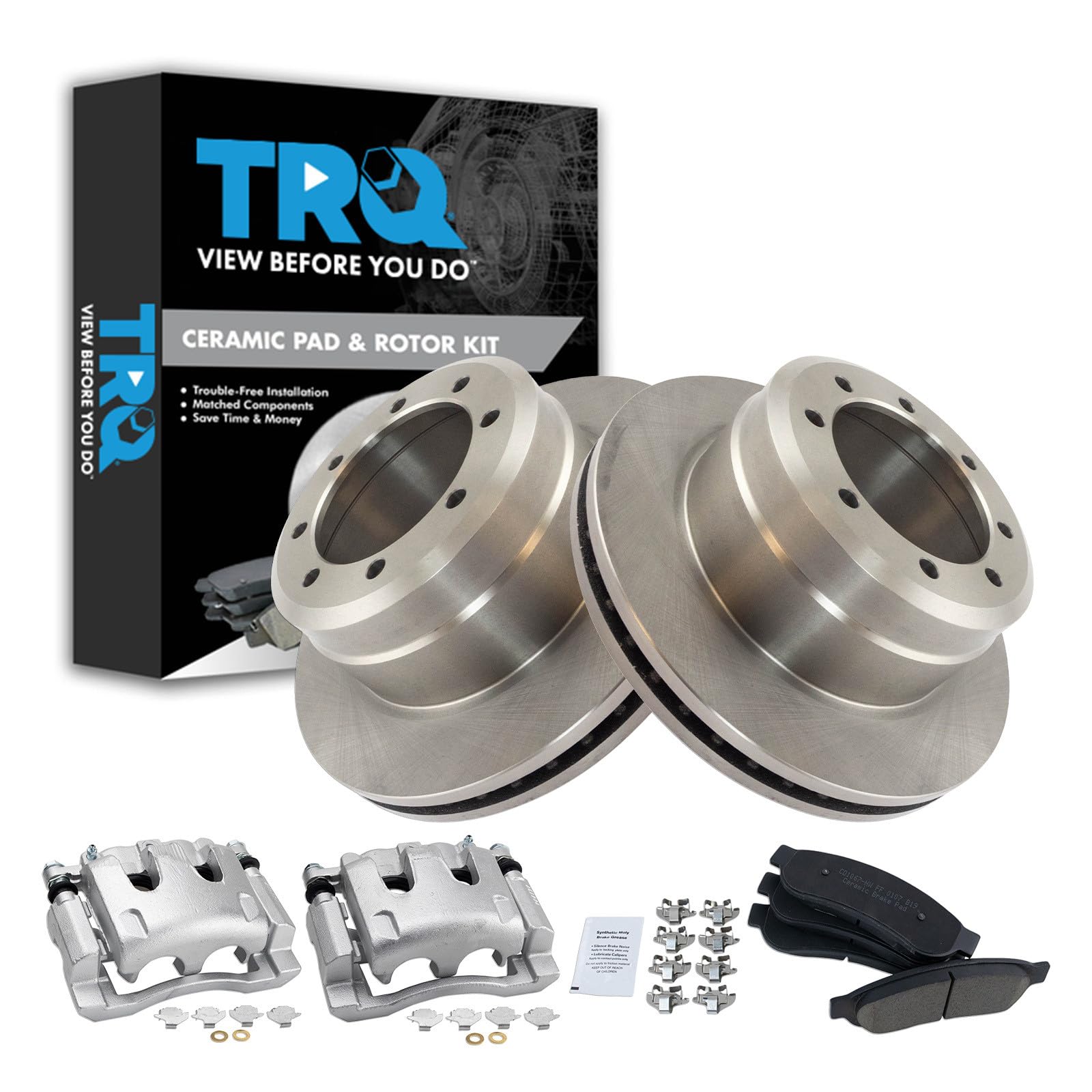 TRQ Rear Brake Pad, Caliper, &amp; Rotor Kit Ceramic Compatible with 2005-2007 Ford F-350 Super Duty 2011-2012 F-450 Super Duty