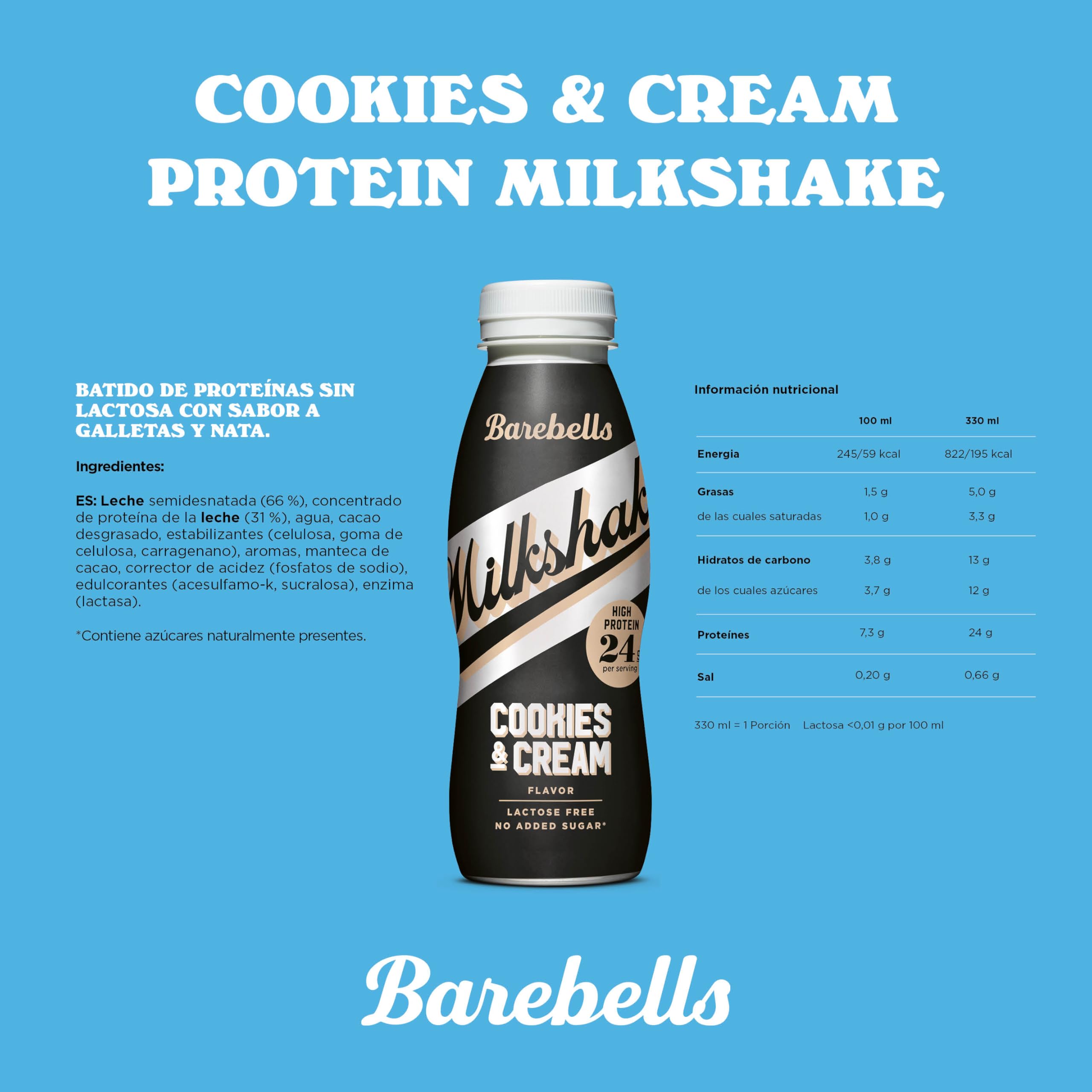Barebells Milkshake Batido de Proteínas 24g Sin Lactosa Sin Gluten Sin Azúcares Añadidos Sabor Cookies & Cream Pack 8 x 330ml