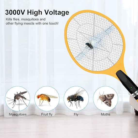 Bug Zapper Electric Fly Swatter, 3000V USB Rechargeable, Mosquito Trap Racket, Bug Zapper Racket, LED Light & Double Layer Mesh Large, 1 Pack, Yellow