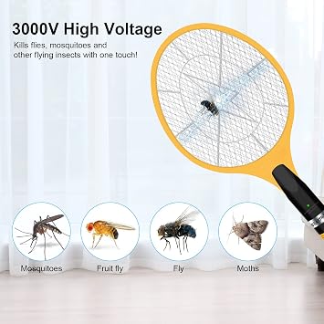 Bug Zapper Electric Fly Swatter, 3000V USB Rechargeable, Mosquito Trap Racket, Bug Zapper Racket, LED Light & Double Layer Mesh Large, 1 Pack, Yellow