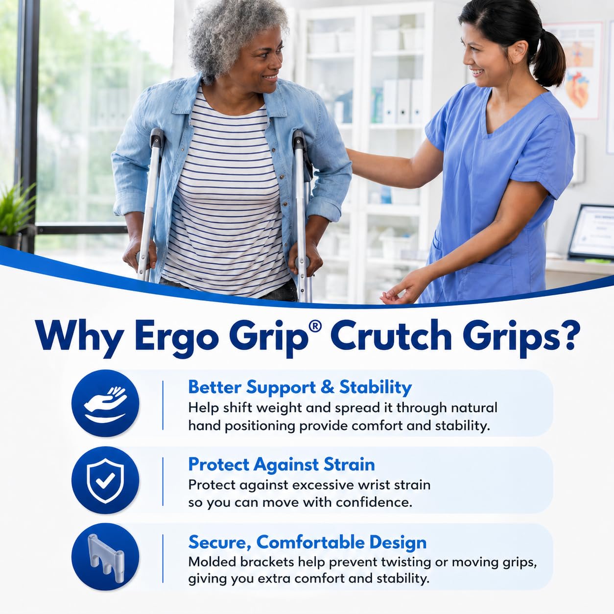 Ergo Grip Almohadillas para muletas, empuñaduras ergonómicas para muletas, reducen la presión en las muñecas, agarre de repuesto para muletas, no requiere montaje, se adapta a todas las muletas debajo