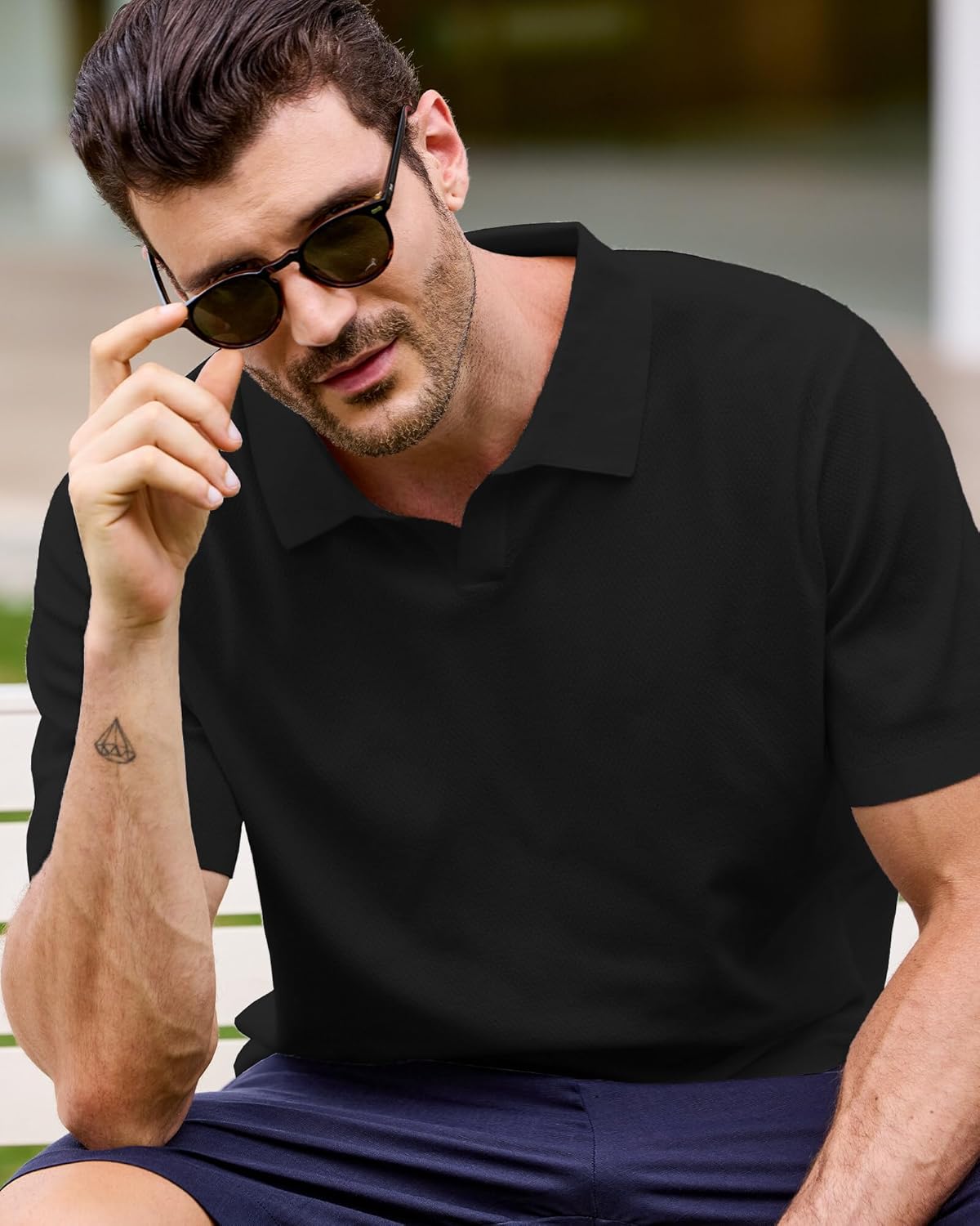 Kallspin Men's Polo Shirts Short Sleeve V Neck Collared Textured Knit Pullover Top Breathable Casual Summer Golf Beach Shirt - Image 3
