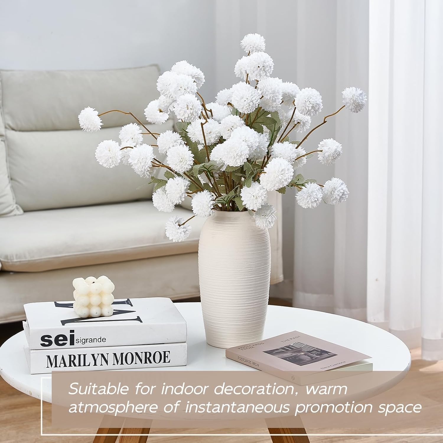 Sherika White Faux Kiku Flower,10 Stems 50 Heads Artificial Chrysanthemum Flowers with Eucalyptus, Fake Long Stem Mums Balls Arrangements for Vase, Centerpiece，Aesthetic Room Decoration(White)