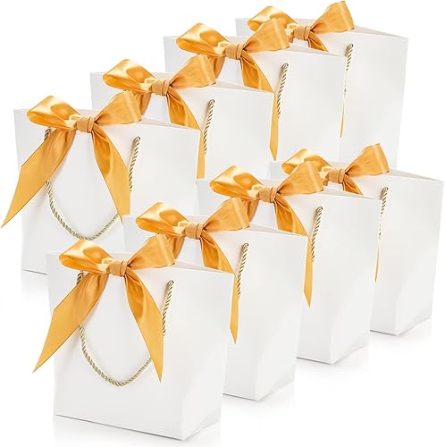 Miniatura 5 de Dicunoy 30 bolsas de regalo con asas, bolsas blancas de recuerdo de fiesta con lazo para bodas, bolsas de cartulina impermeables para mercancía al