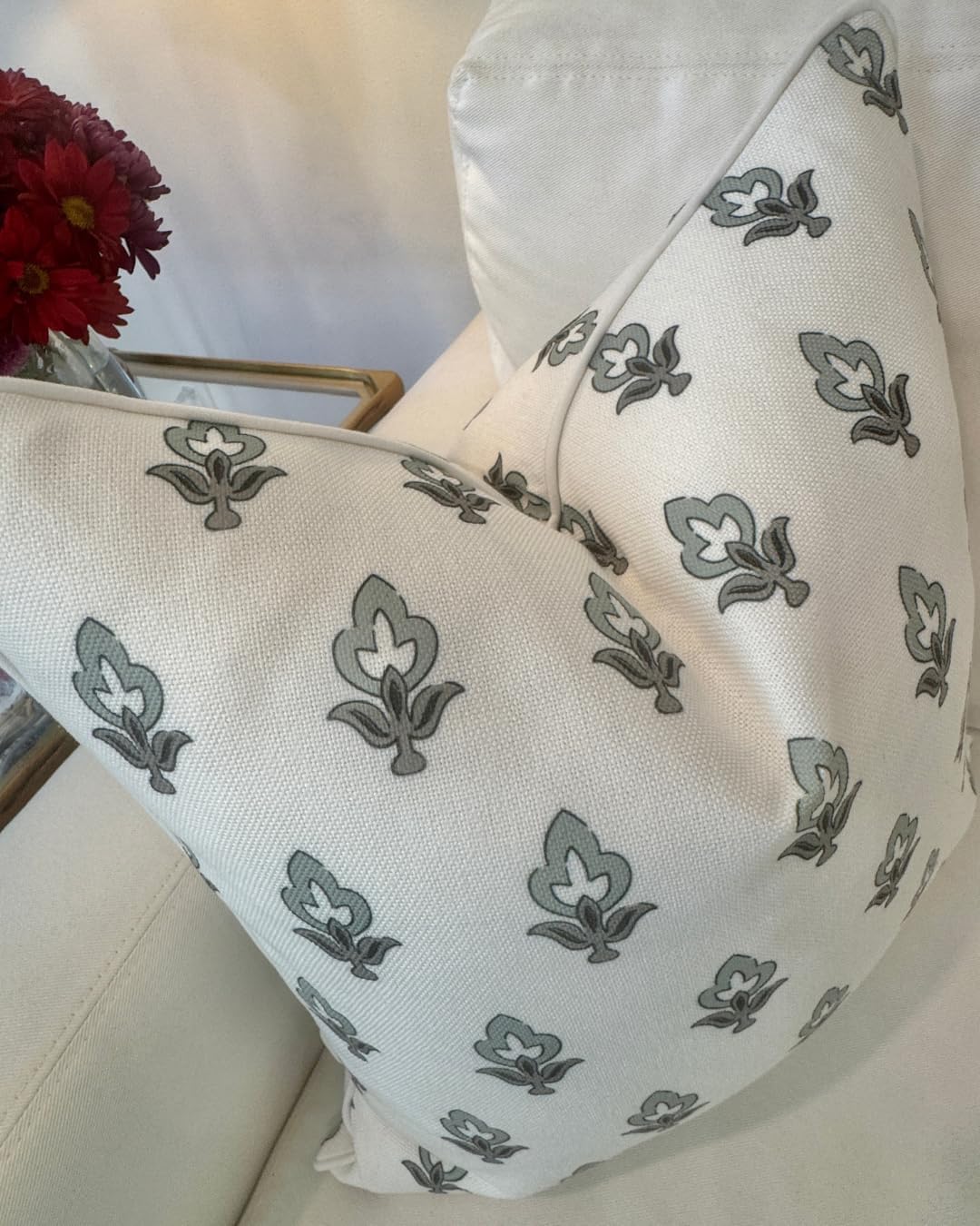 Jillien Harbor “The Poppy” Floral Block Print Pillow Cover – Green Leaf Decorative Festive Throw Pillow Cover with White Background – Grandmillennial Home Decor, 20" x 20"