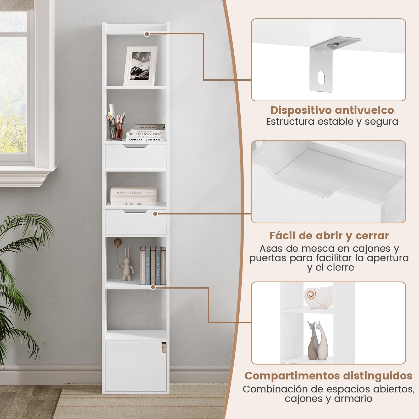 WOLTU Estanteria Alta de 6 Compartimentos, Libreria con 2 Cajones y 1 Armario con Puerta, Estante de Almacenaje, Estantería de Piso para Salon y Oficina, Blanco, SK042ws