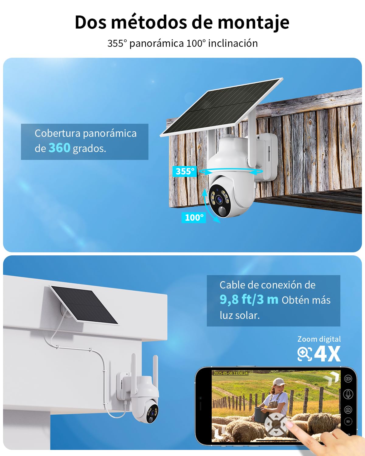 SEHMUA 4G LTE Camara Vigilancia Exterior con Panel Solar, 2K 360° PTZ Camara con Tarjeta SIM Inalámbrica, PIR Detección de Movimiento, Visión Nocturna en Color, Audio Bidireccional, IP66, 2 Unidad