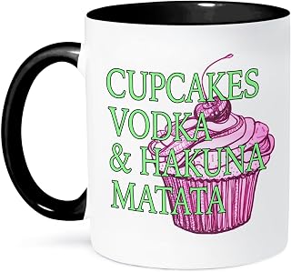 3dRose Cupcakes vodka and hakuna matata, Lime green and pink, 11oz Two-Tone Black Mug