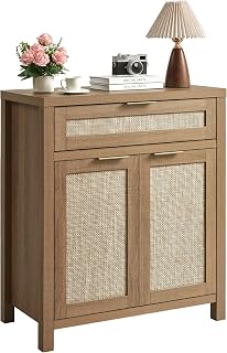 HOKYHOKY Rattan Sideboard Buffet Cabinet, Boho Storage Cabinet with Adjustable Shelf, Farmhouse Credenza Coffee Bar Cabinet with Doors & Drawer for Living Room, Hallway & Kitchen