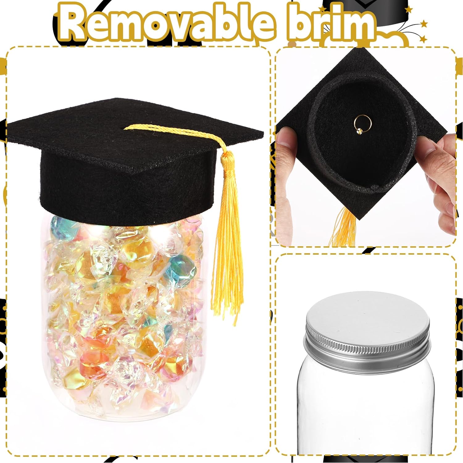 16 Set DIY Graduation Jar Decorations Mason Jar Graduation Candy Gifts Jar Plastic Jars and Class of 2025 Felt Graduation Cap for 2025 Graduation Gift Party Decoration Supplies