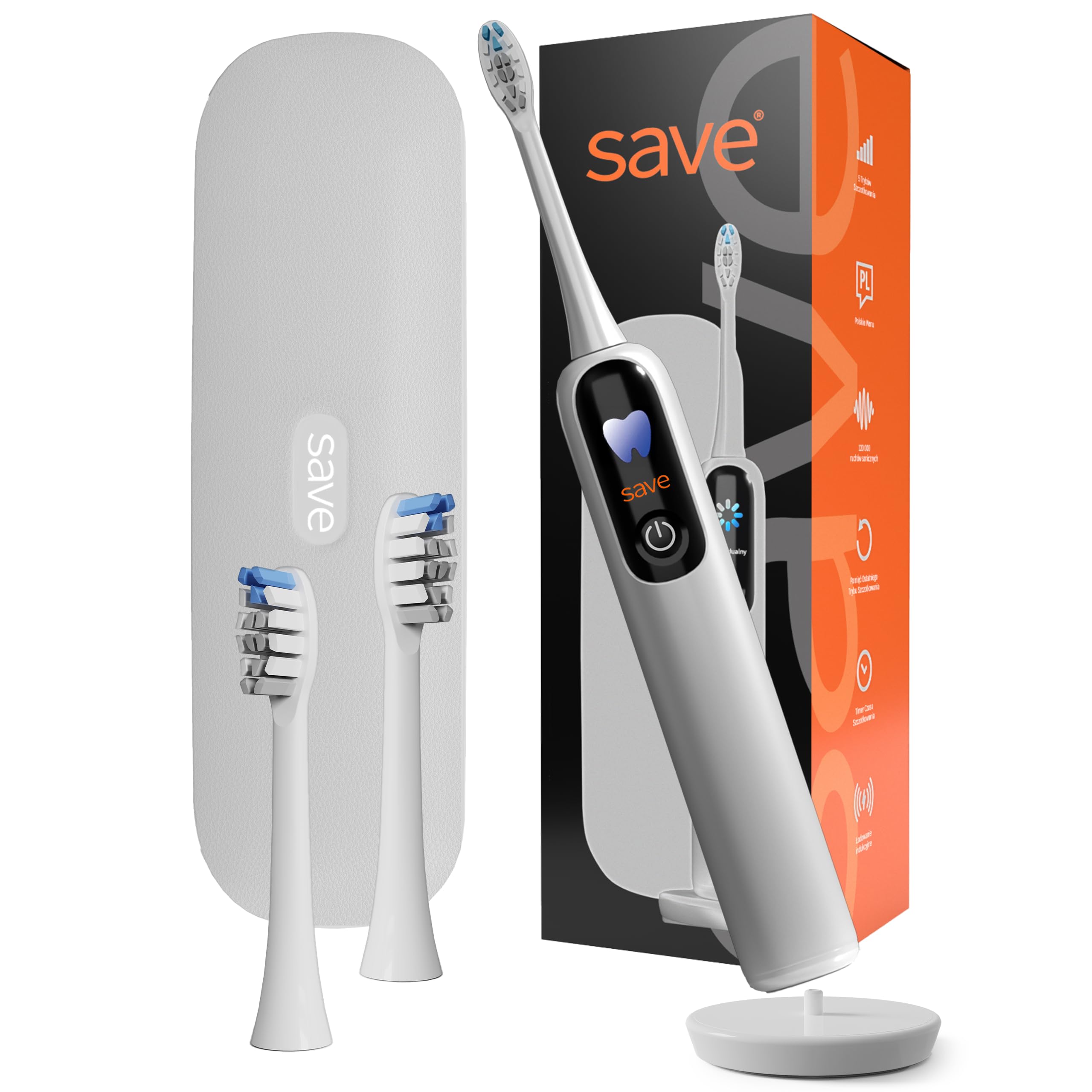 Spazzolino elettrico sonico, 120 00 giri al minuto, custodia per base di ricarica, 2 cappucci, bianco, 4 modalità di spazzolatura, timer intelligente