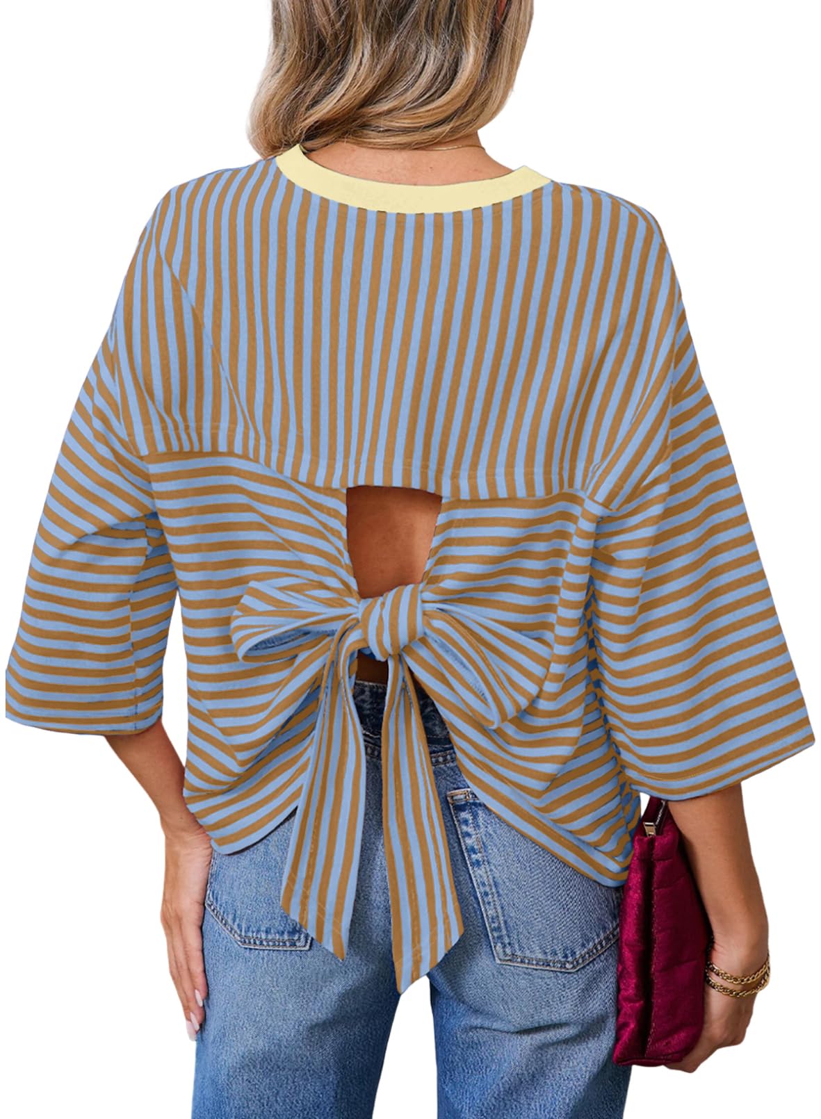 Dokotoo Womens Tops 2026 Striped Tie Back Short Sleeve T Shirts Crewneck Casual Loose Basic Tee Summer Outfits — view 18