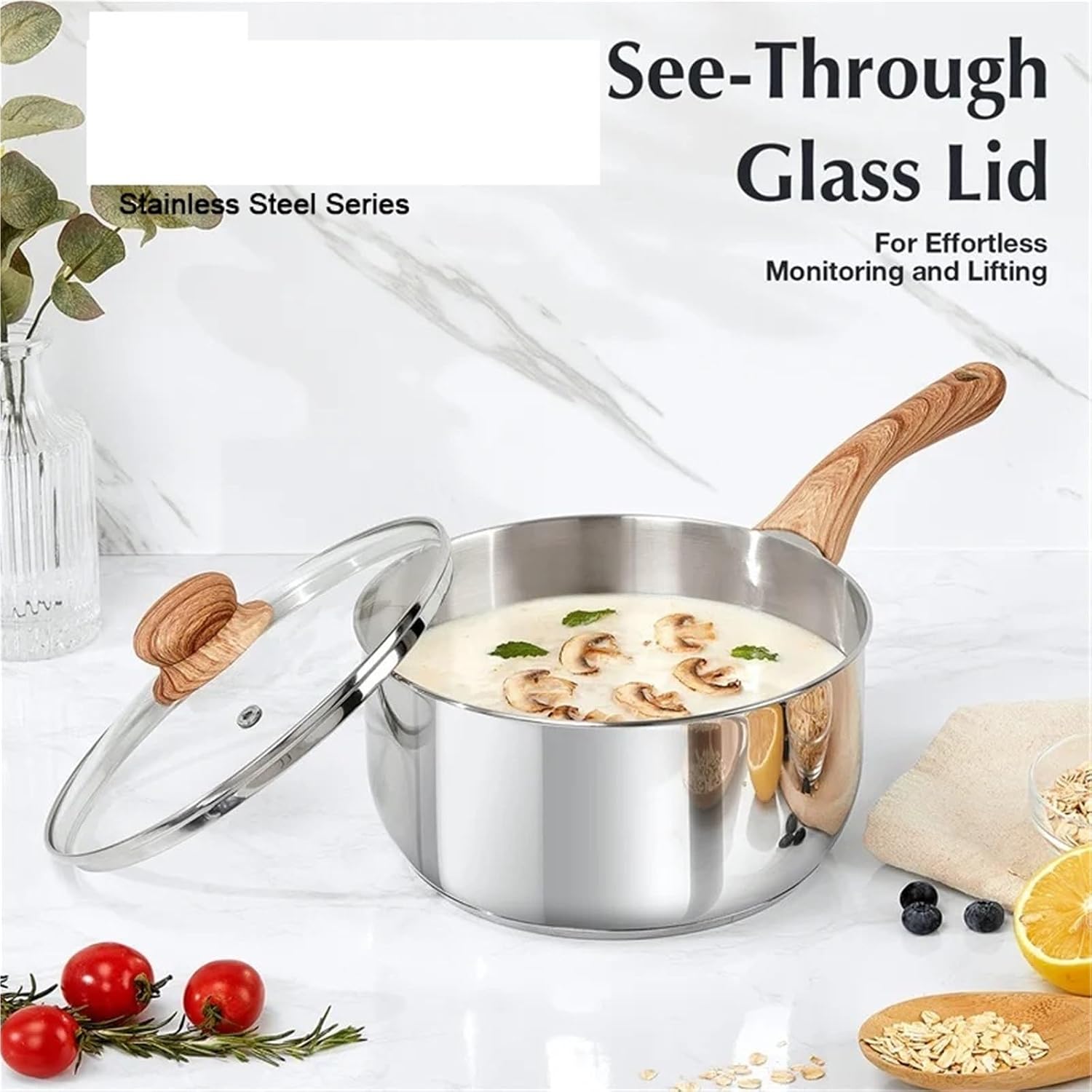 Stainless Steel Milk Pot Stainless Steel Saucepan With Lid 1QT/2QT/3QT Milk Pot With Heat-resistant Bakelite Handle Sauce Pans Induction(1QT and 2QT)