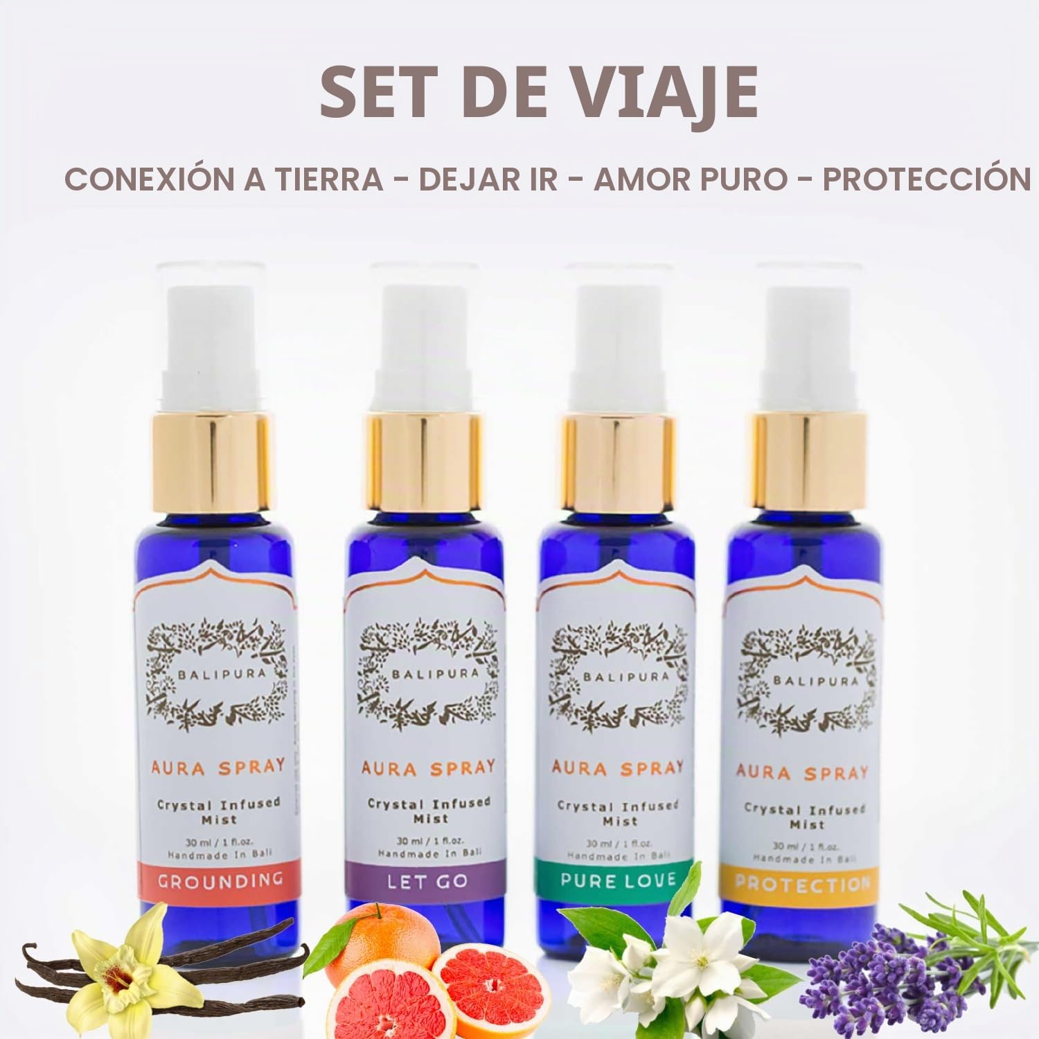 BALIPURA Set de Regalo de Mezclas curativas de Cristales curativos con aceites Esenciales orgánicos: Amor Puro, Protección, Dejar IR y Puesta a Tierra 4 x 30 ml / 1 FL.oz en una Bolsa de Lino
