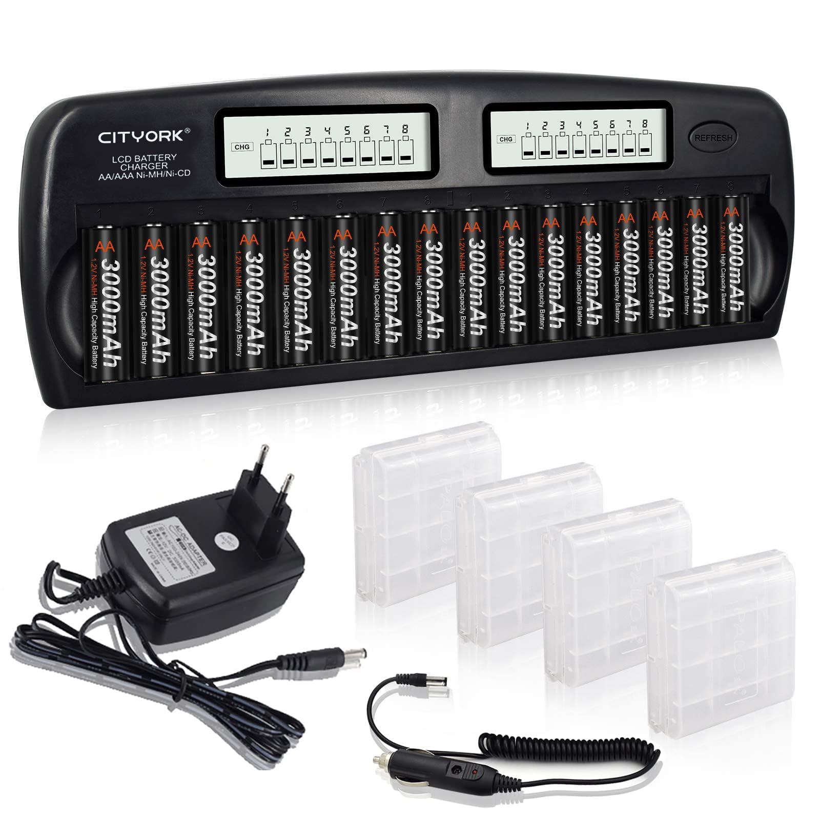 CITYORK Cargador rápido de batería – Protección IC integrada con Pantalla LCD – para Pilas AA AAA NI-MH, Incluye 16 Pilas AA 3000 mAh NiMH, maletín de batería