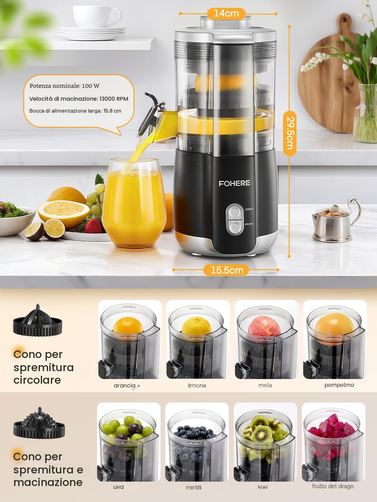 FOHERE Spremiagrumi Elettrico Automatico,100W Spremiagrumi Professionale Estrattore Frutta e Verdura con Beccuccio Antigoccia, 2 Coni Intercambiabili per Limone, Arancia, Uva e Kiwi, Nero