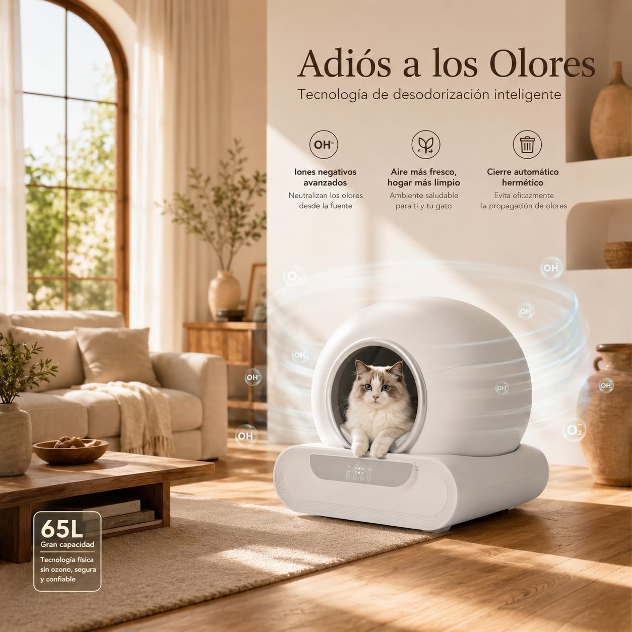 Arenero Autolimpiable XXL para Gatos, Caja Arena Automática 74L con Control por Aplicación, Sistema Seguridad Avanzado, Eliminación Olores, Incluye Alfombra y 5 Rollos Bolsas