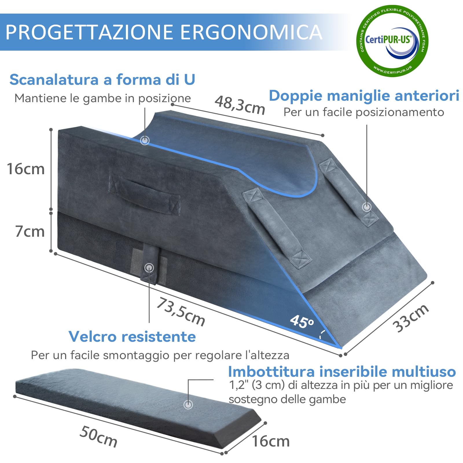 KingPavonini Cuscino per le gambe regolabile in altezza in 4 livelli, inserto post-op/lesioni/riposo, cuscino per gambe in memory foam con 3 manici e inserto per imbottitura, lavaggio in velluto