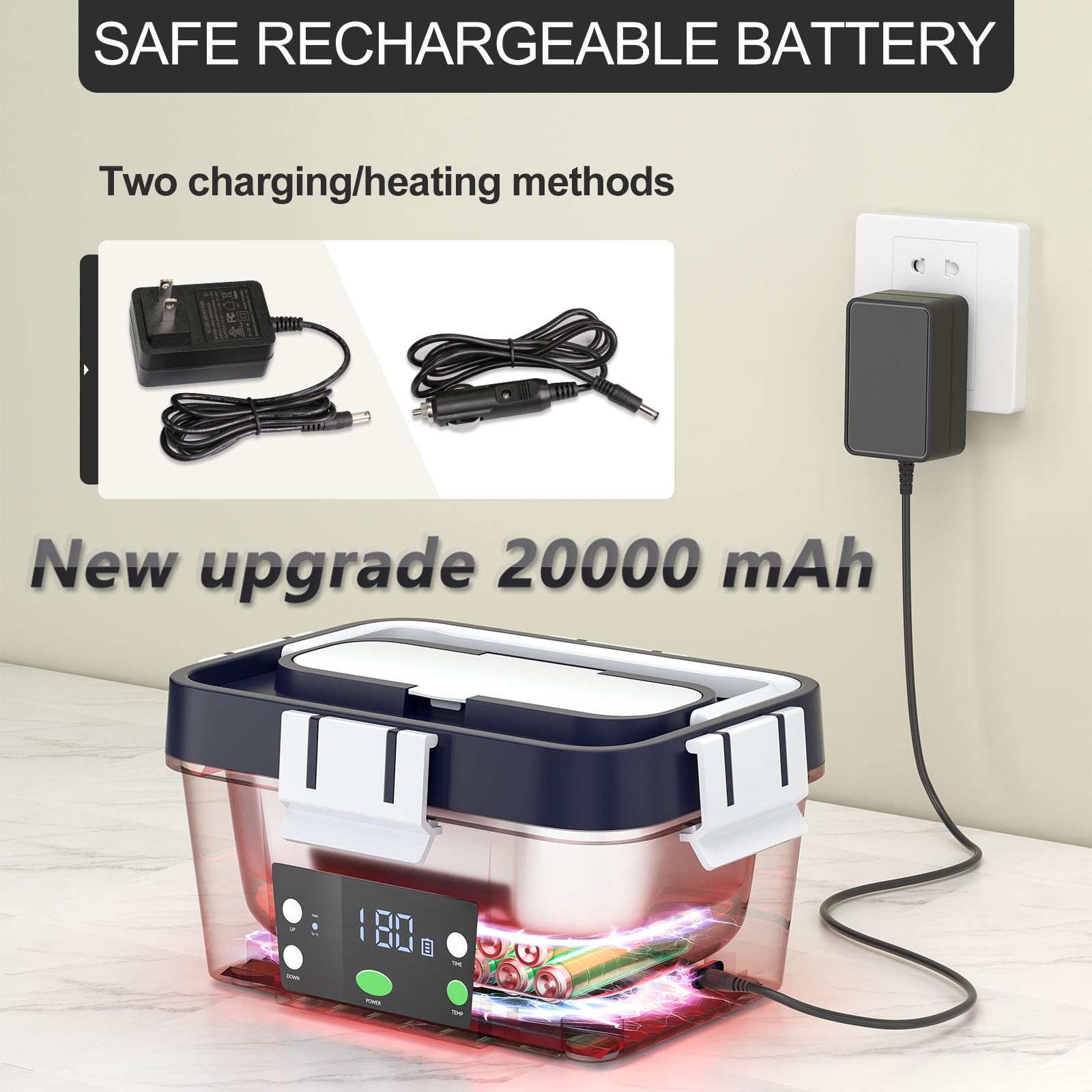 Lonchera eléctrica portátil, que contiene una batería de 20,000 mAh, forro interior de acero inoxidable de 1.6 L y tapa a prueba de fugas, lonchera inalámbrica con calefacción programada para