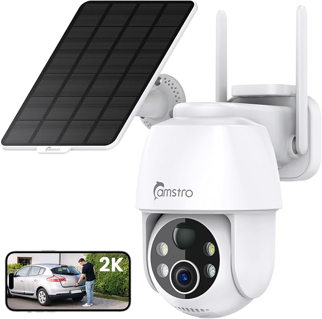 2K Caméra de sécurité solaire sans fil en plein air, 360˚ PTZ WiFi Caméra, Pas de frais mensuels, vision nocturne couleur, PIR/AI Détection des mouvements, 2-Way Audio, IP66,Alexa/Google Assistant, SD Stockage carte/cloud
