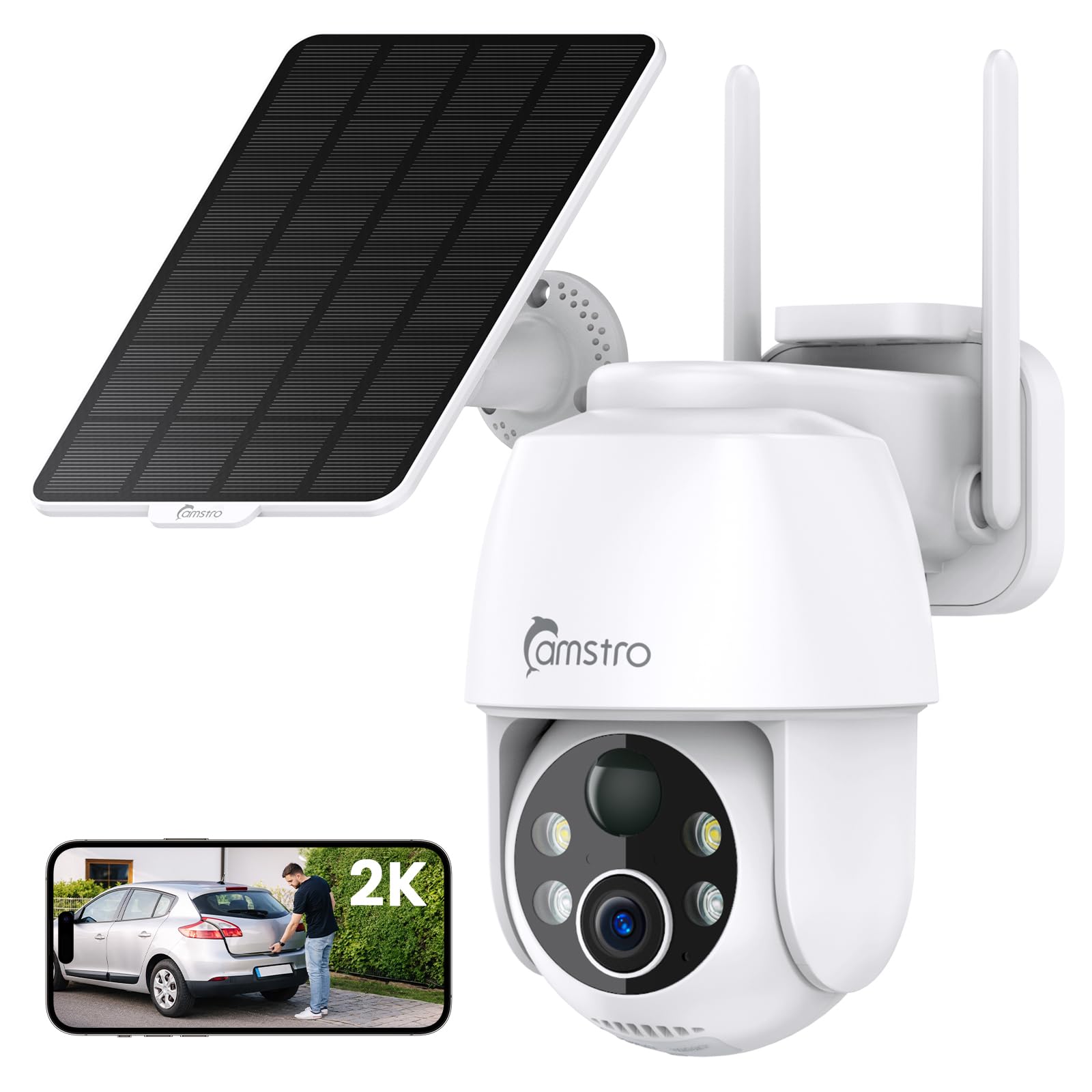 CAMSTRO 2K Solar Security Camera Wireless Outdoor, 360˚ PTZ WiFi Camera, No Monthly Fee, Color Night Vision, PIR/AI Motion Detection, 2-Way Audio, IP66,Alexa/Google Assistant, SD Card/Cloud Storage