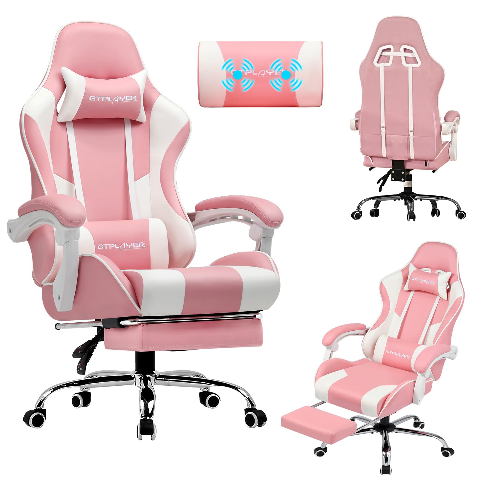 LUCKRACER Silla Gaming con Masaje Ergonómica | Reposapiés y Reposacabezas Retráctil | Soporte 150 kg | Oficina y Hogar | Color Rosa