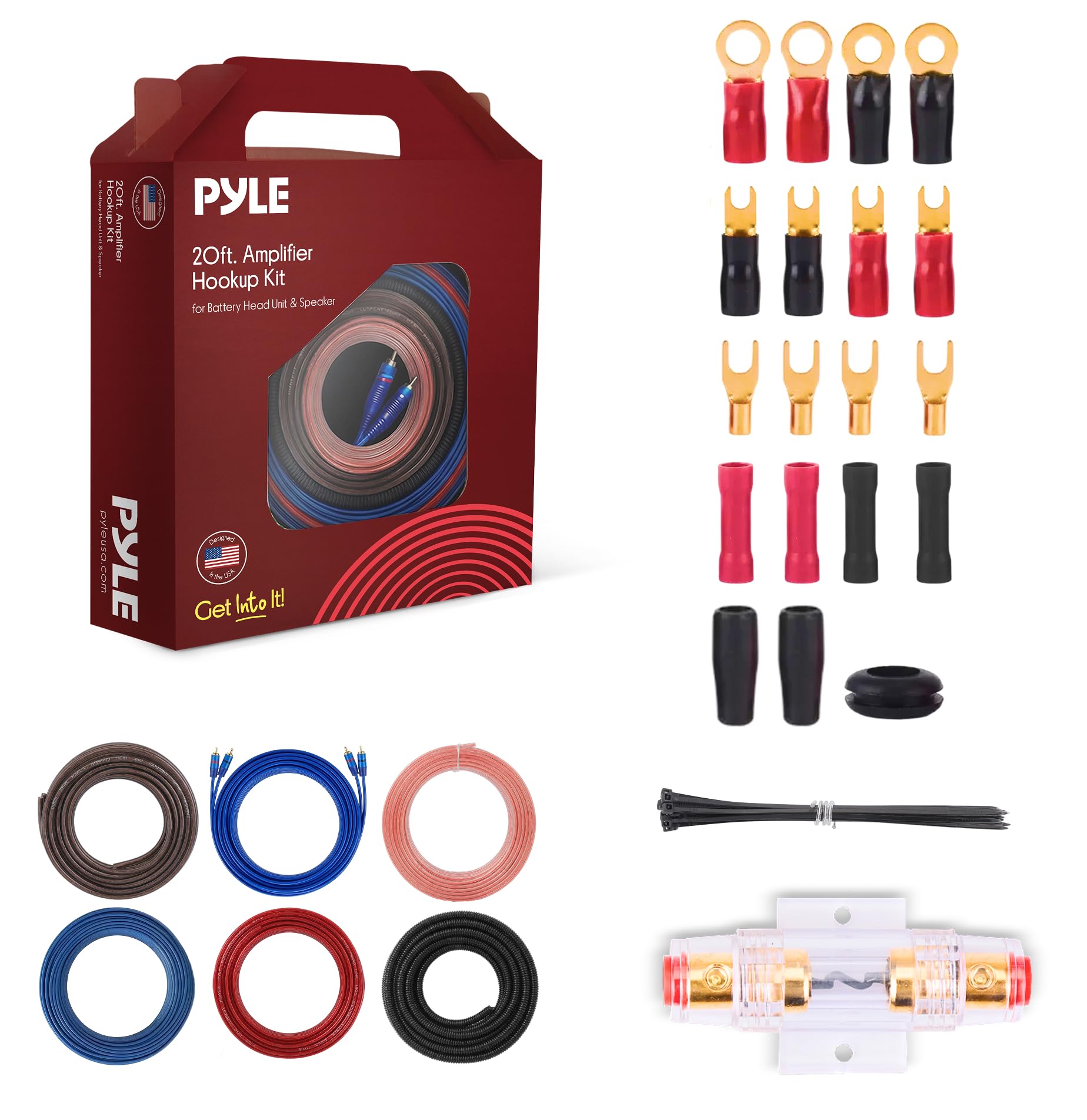 8 Gauge Car Audio Wiring Kit – 20ft Power Wire – Up to 1000W Amplifier Hookup for Battery, Stereo Head Unit & Subwoofer System – Includes Speaker Wire, Ground Cable & Gold-Plated Fuse – PLMRAKT8