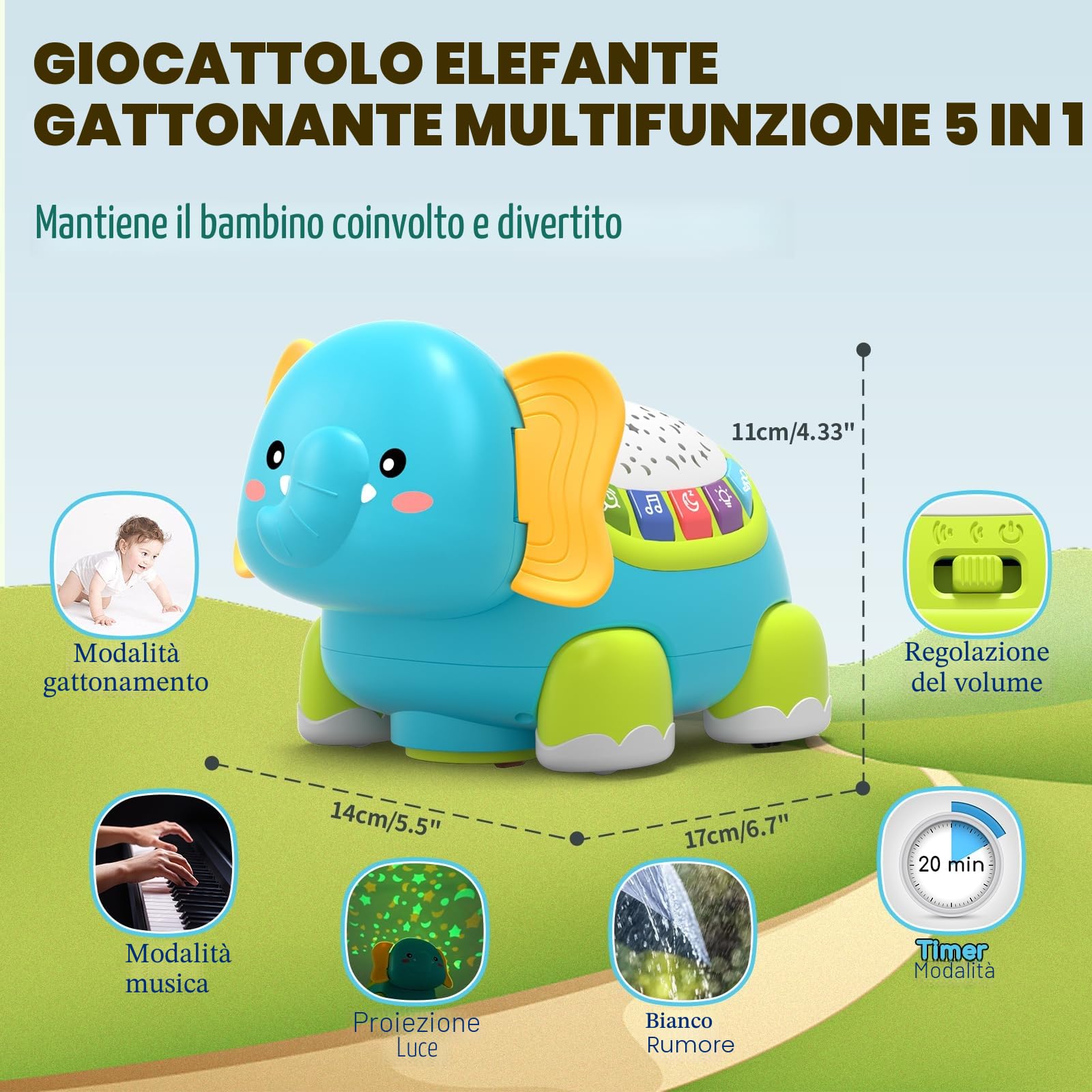Lehoo Castle Elefanti Musicale Proiettore Giochi Bambini 1 Anno, Gioco per Gattonare con Musica e Luci, Regalo Giochi Neonato 3-6-9-12 Mesi, Idea Regalo di Compleanno Bambino