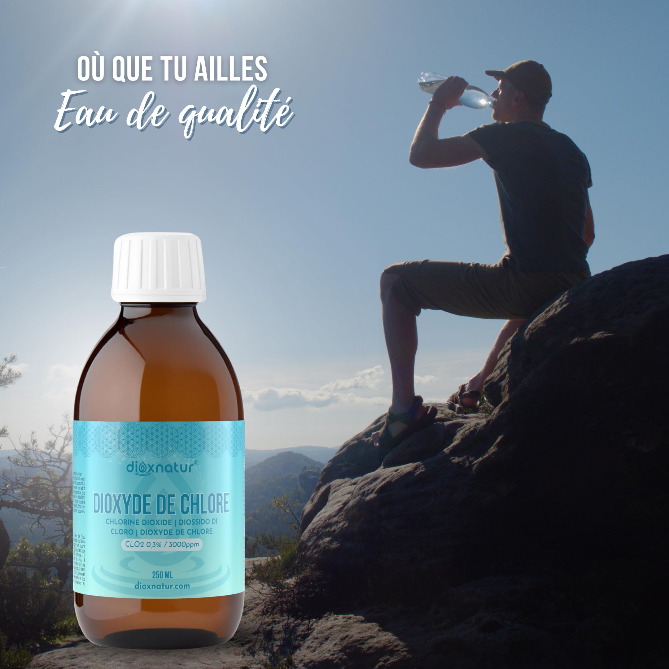 Dioxyde de chlore 3000 ppm CDS 250 ml. Seringue de 10 ml incluse. Étiquette FR. Bouteille en verre ambré avec compte-gouttes