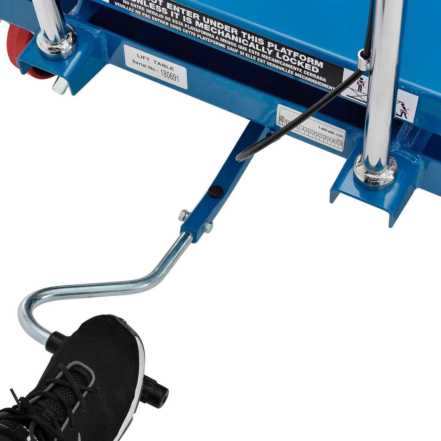 Global Industrial Long Deck Mobile Scissor Lift, Oversized 63"L x 32"W Platform, 1100 Lbs Capacity, Foot-Operated Single Scissor Lift Table, Steel, Blue