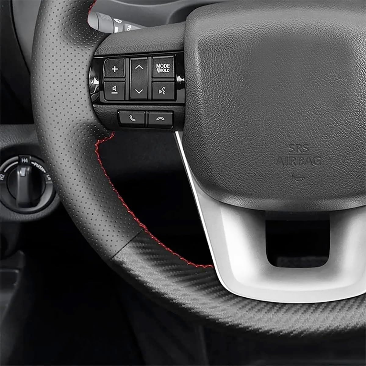 Auto Custom Fit OEM Hand Stitched Black Genuine Leather Suede PU Carbon Fiber Steering Wheel Cover for Toyota Hilux Revo 2015 2016 2017 2018 2019 Accessories