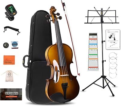 ADM Acoustic Violin for Beginner 4/4 Full Size Violin Set Solid Wood Ebony for Adult Teen Student Starter Kit with Hard Case, Shoulder Rest, Bow, Music Stand, Strings, Free Lessons Coffee, 4/4 Size