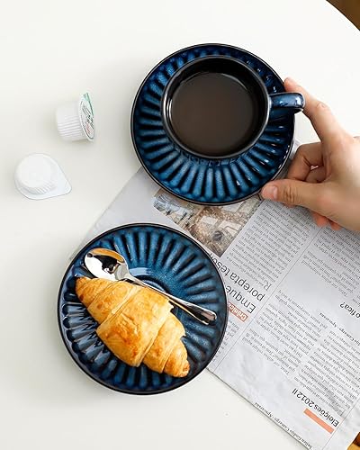 Miniatura 9 de Hasense Juego de 4 tazas de espresso con platillos de 4 onzas, tazas de capuchino acanaladas de cerámica para café, expreso, doble shot, café con