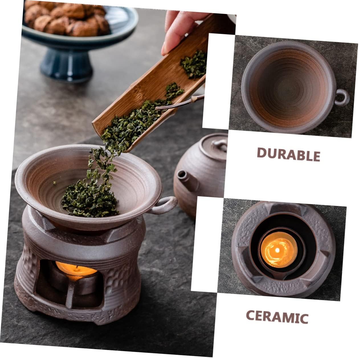 Ceramic Tea Warmer with Teapot Candle Holder and Heating Base Brown Pottery Brazier Trio for Home Hotel Restaurant Use Elegant Desktop Decoration and Tea Brewing Enhancement