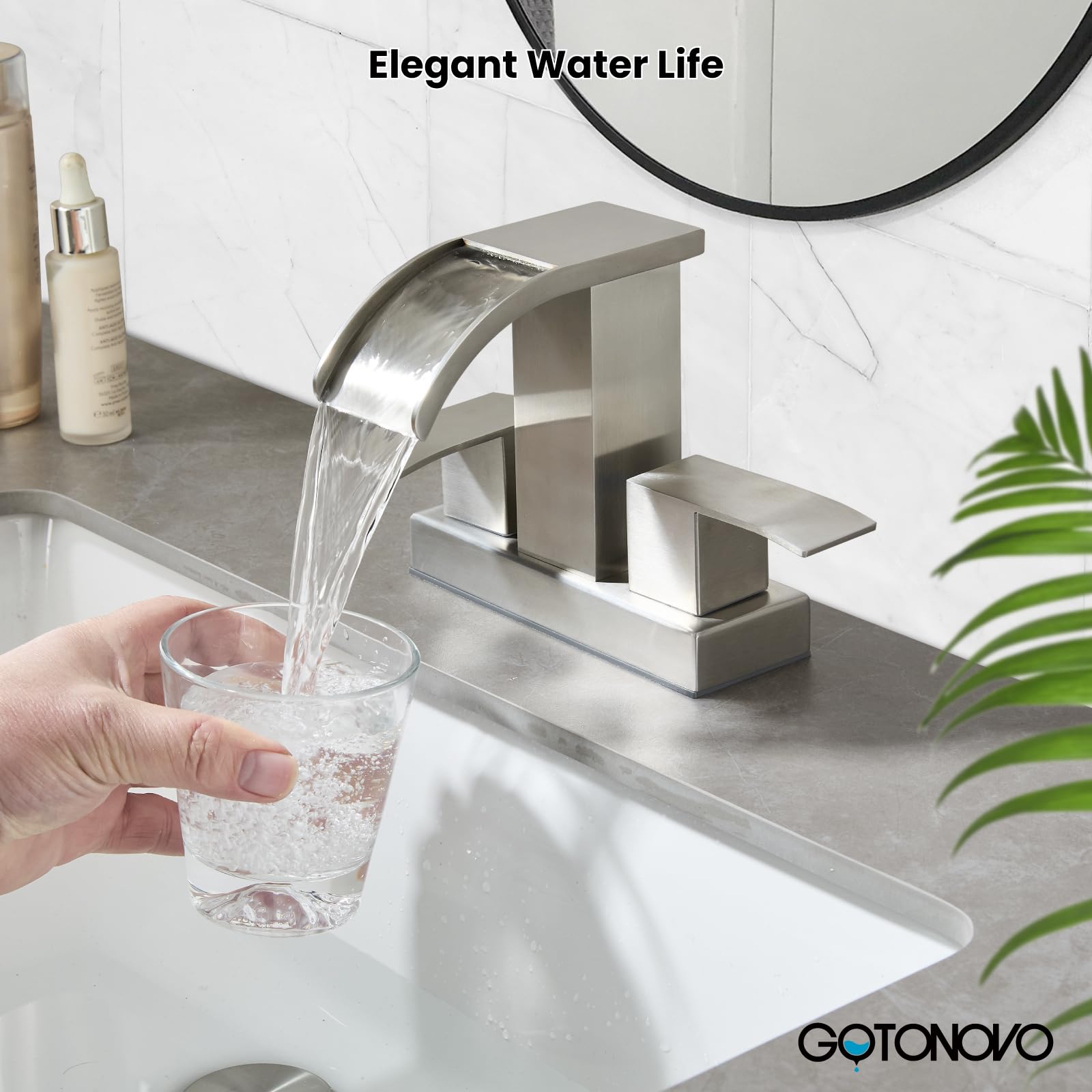 Waterfall - Grifo de lavabo de baño de 4 pulgadas, 2 manijas, 2 o 3 agujeros, montaje en cubierta con drenaje desplegable incluido grifo mezclador moderno de níquel cepillado 2