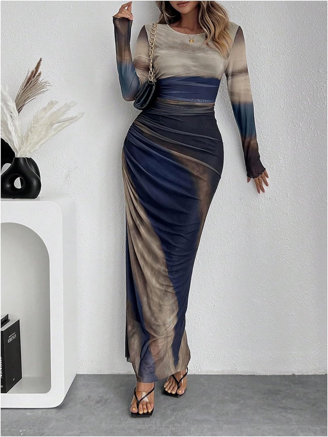Women's Tie Dye Long Sleeve Maxi Dress Bodycon Ruched Night Out Formal Cocktail Long Dress for Wedding Guest Party - Image 3