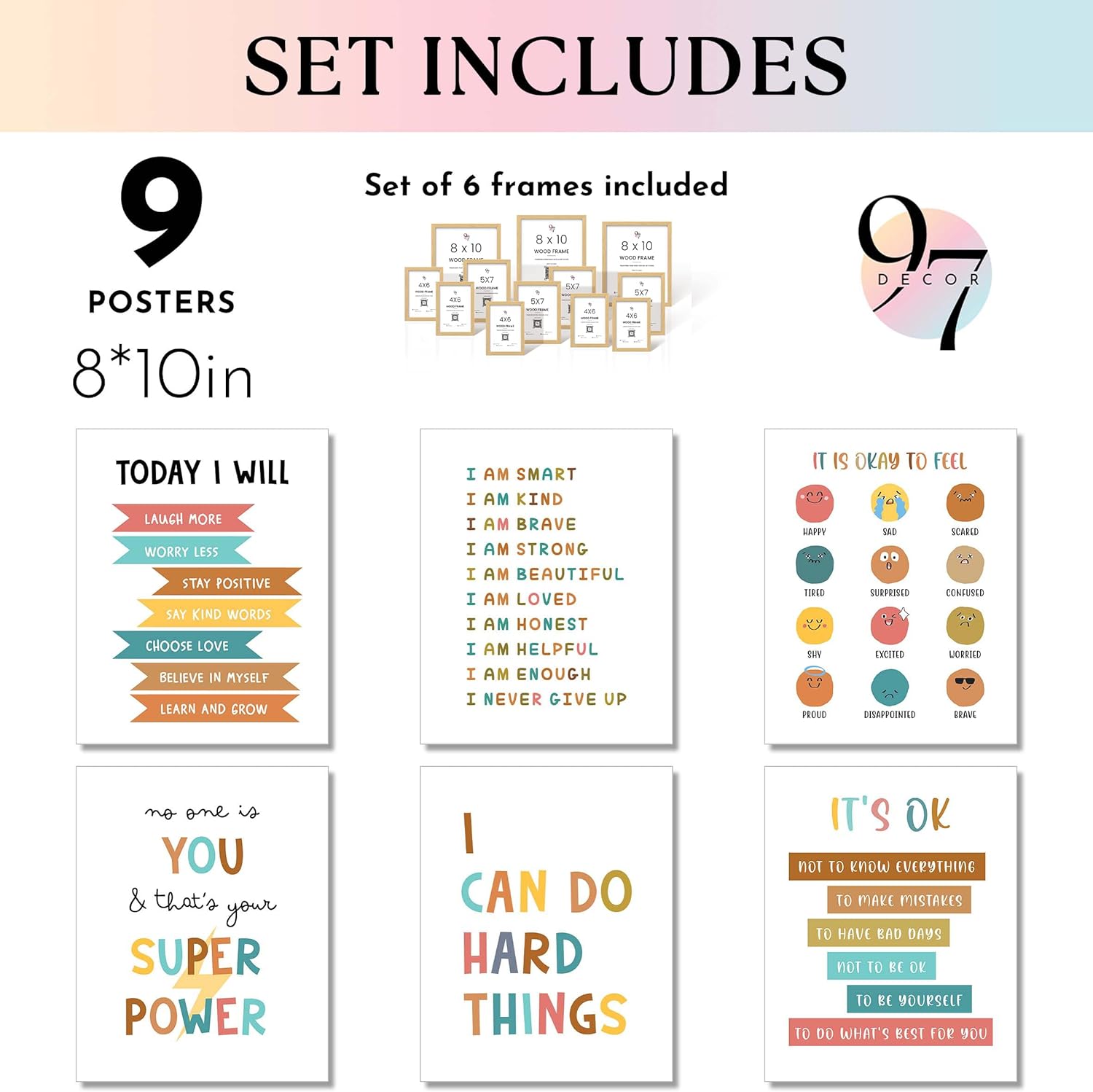 97 DECOR FRAMED Kids Affirmation Wall Decor - Positive Affirmations for Kids Decor, Affirmation Art Prints Nursery Pictures, Colorful Inspirational Quotes Posters for Classroom Playroom Decor (BEIGE FRAME)