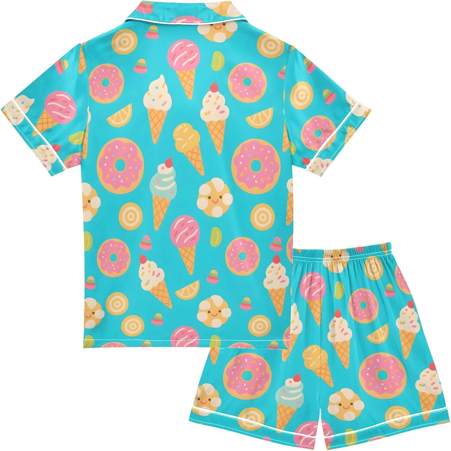 Kids Satin Wear Set Ice Cream Donuts Pattern Relaxed Fit Clothing Short Sleeve and Shorts