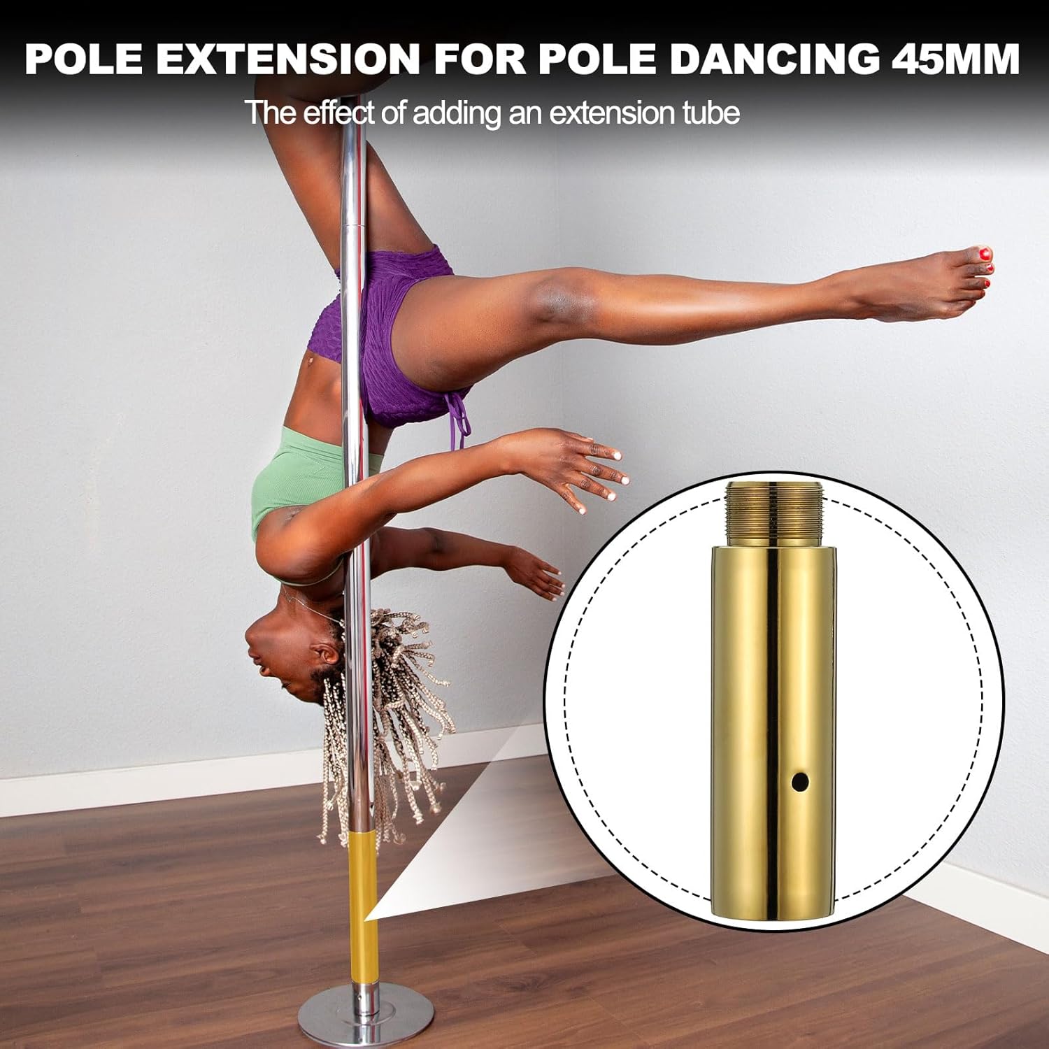 Pole Extension for 45mm Dance Pole, Extending Tube Adjustable Professional Portable Removable Replacement, 10" & Gold & Stainless Steel -Fit for(Connect Dancing Pole Stripper)