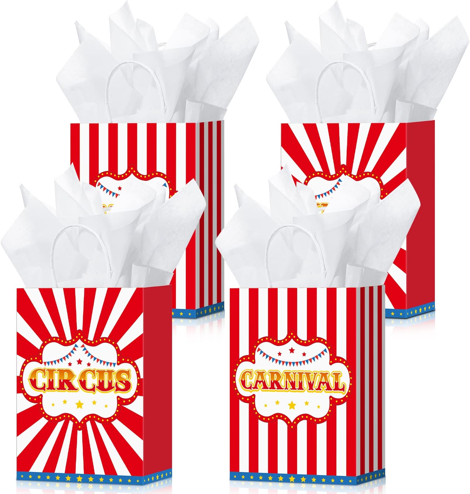 16 Pcs Carnival Bags with Tissue Paper - Red White Stripe Goodie Candy Bags for Circus Birthday Decoration Showman Theme Party Supplies