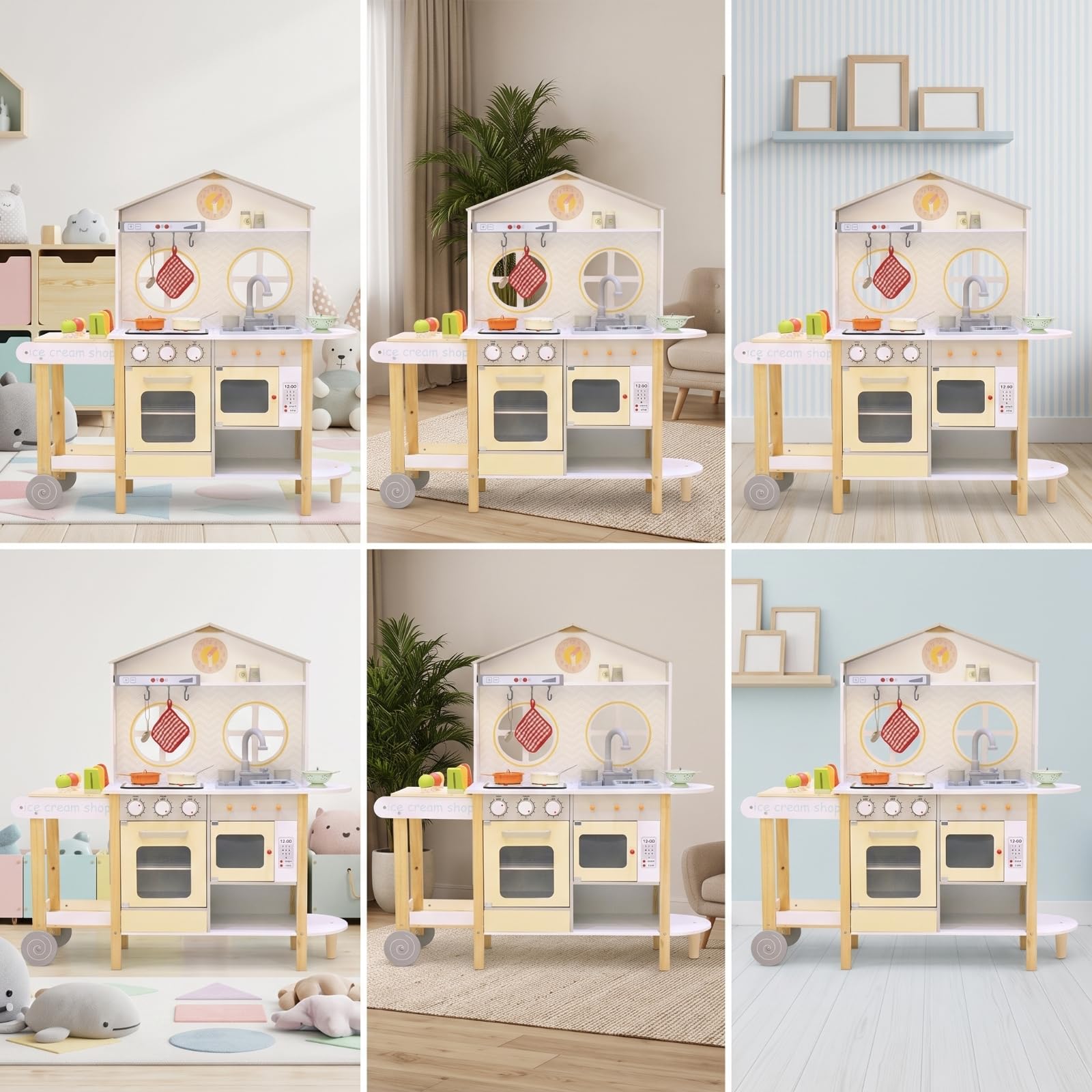 Cocina de Juguete Infantil de Madera Juego de Cocina Fregadero Placa Horno con Juego Completo de Accesorios Estantes Abiertos y Panel Trasero