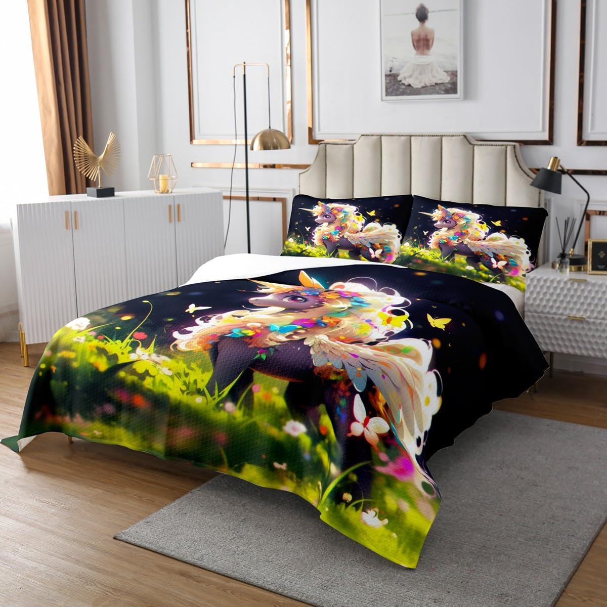 Homewish Cartoon Unicorn Bedspread Twin Size,Spring Garden Flower Fantasy Quilt 2Pcs,Colorful Floral Butterfly Bedding Set for Kids Boys Girls Room Decor,Cute Animal Nature Coverlet Set,1 Pillowcase