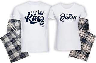 Personalised King and Queen Couples Navy White Pink Tartan Pyjamas His and Hers Wedding Anniversary Gift Present PJ Set Husband and Wife Couples Matching Original Design Pyjamas PJ's