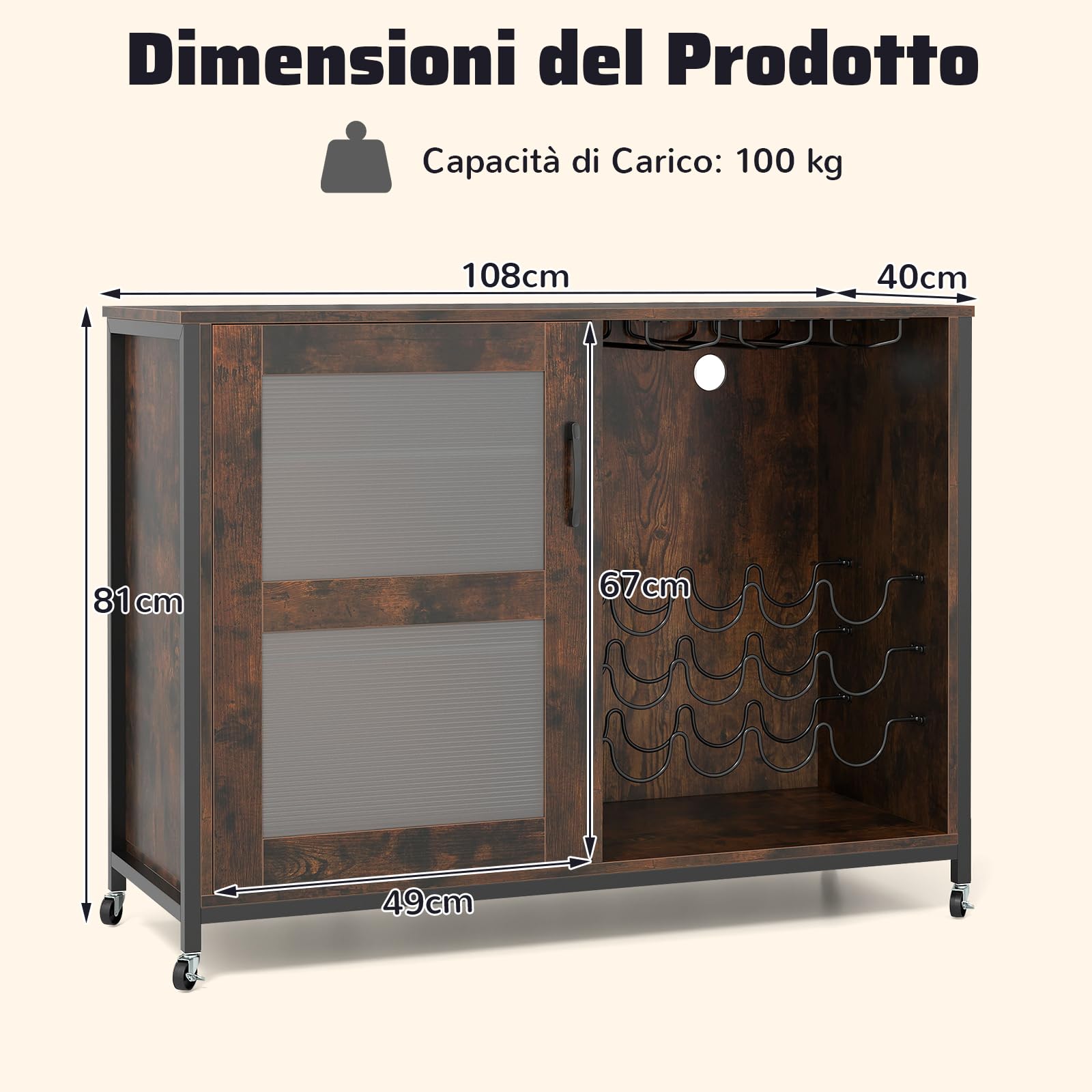 COSTWAY Mobile Bar per Vino con Luce LED, Credenza Buffet da Cucina con Ruote, Ripiani Regolabili, Supporti per Bicchieri e Bottiglie, per Sala da Pranzo e Soggiorno, 108 × 40 × 81 cm