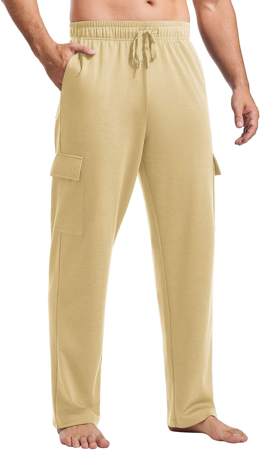 PINSPARK Men's Cargo Sweatpants with Pockets Open Bottom Baggy Cotton Jogger Sweatpants Uncuffed Lounge Pants Straight Leg