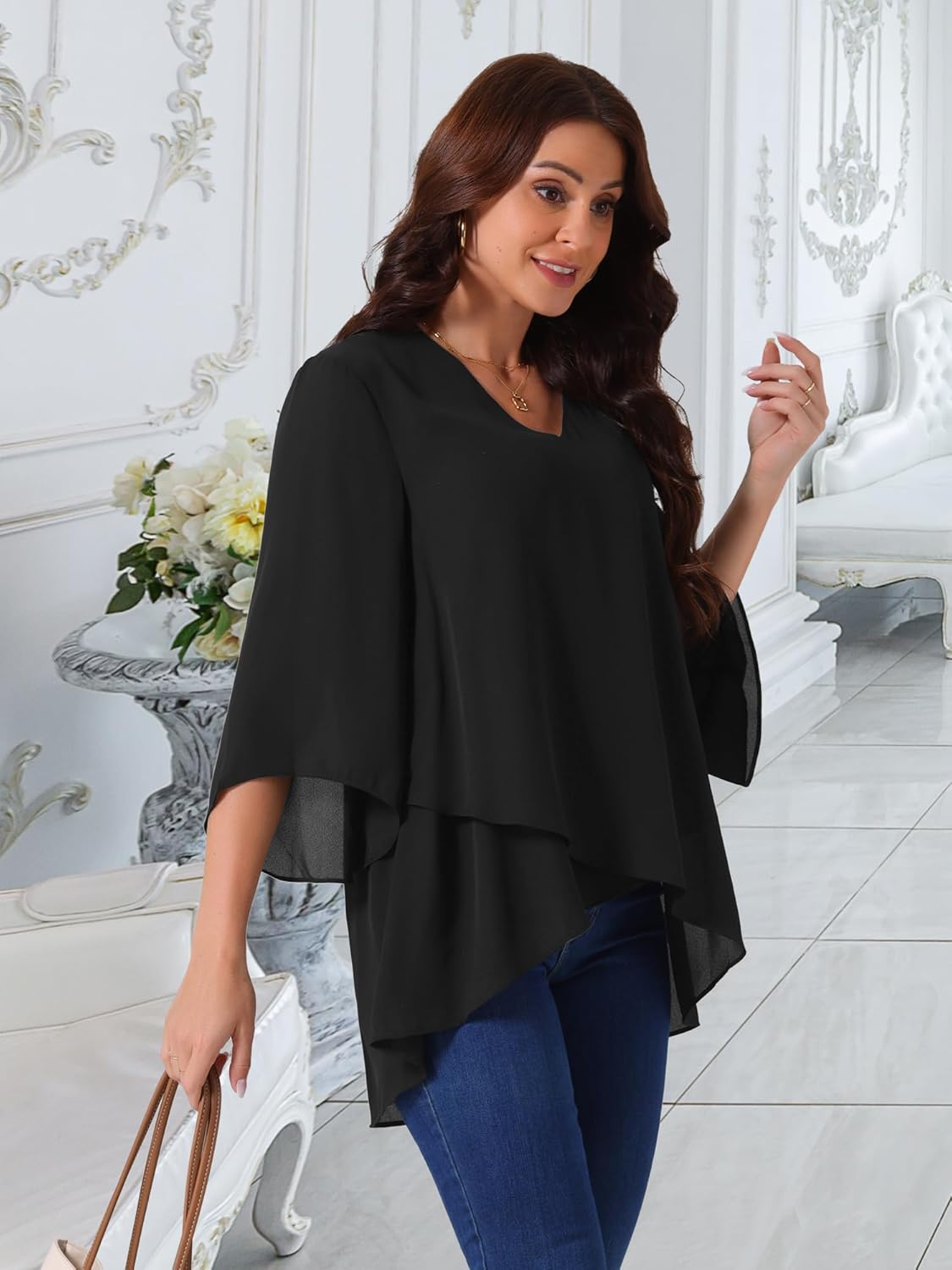 Seta T Women's High Low Tops Dressy Casual 3/4 Bell Sleeve V Neck Asymmetrical Hem Shirt Chiffon Blouse - Image 3