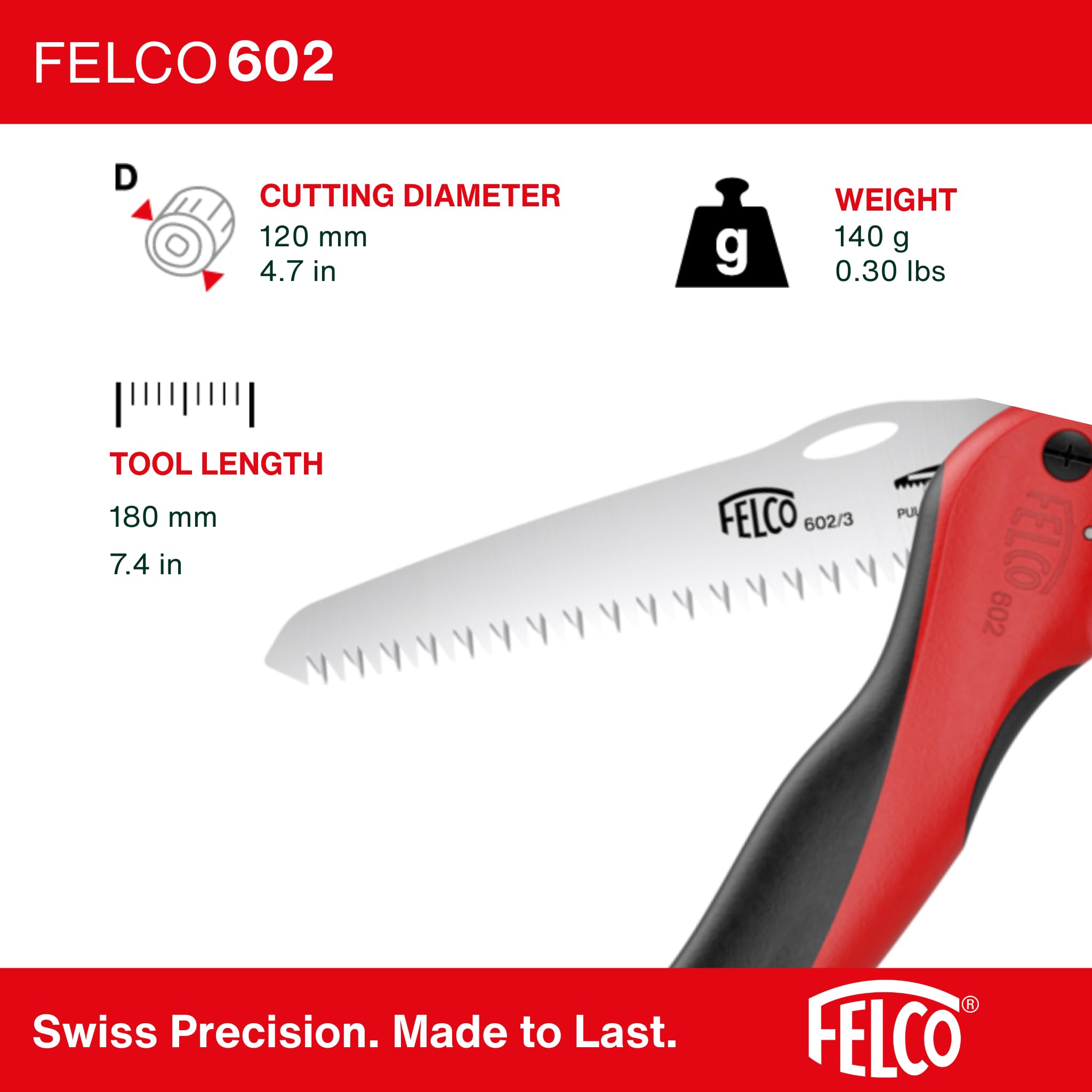 FELCO 602 sierra plegable para jardín y poda, hoja recta 160 mm | Hoja recta 160 mm y mango soft touch, para un corte rápido de la madera en la poda. Swiss Made.