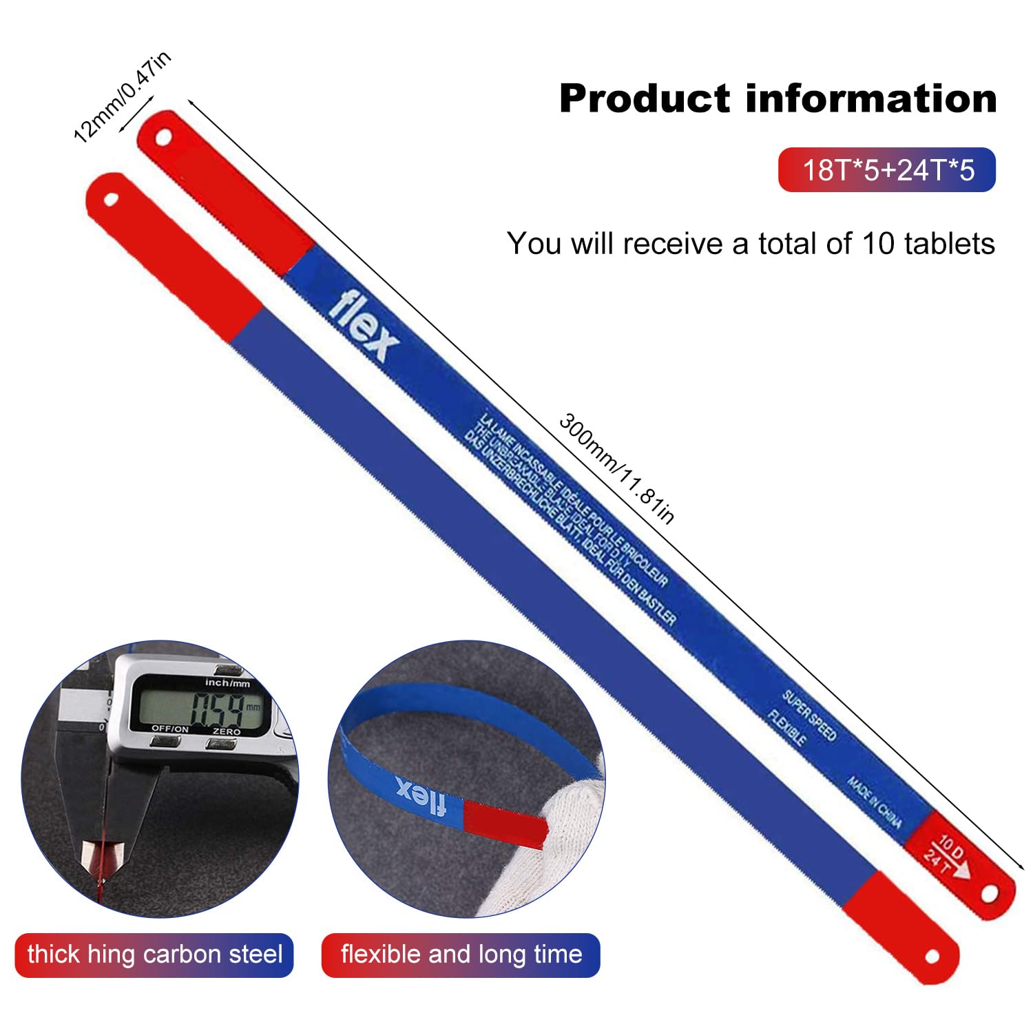 Hacksaw Blades 300mm for Metal Cutting - 10PCS High Carbon Steel, 18T & 24T, Durable Replacement Blades for Hacksaw Frame - Image 2