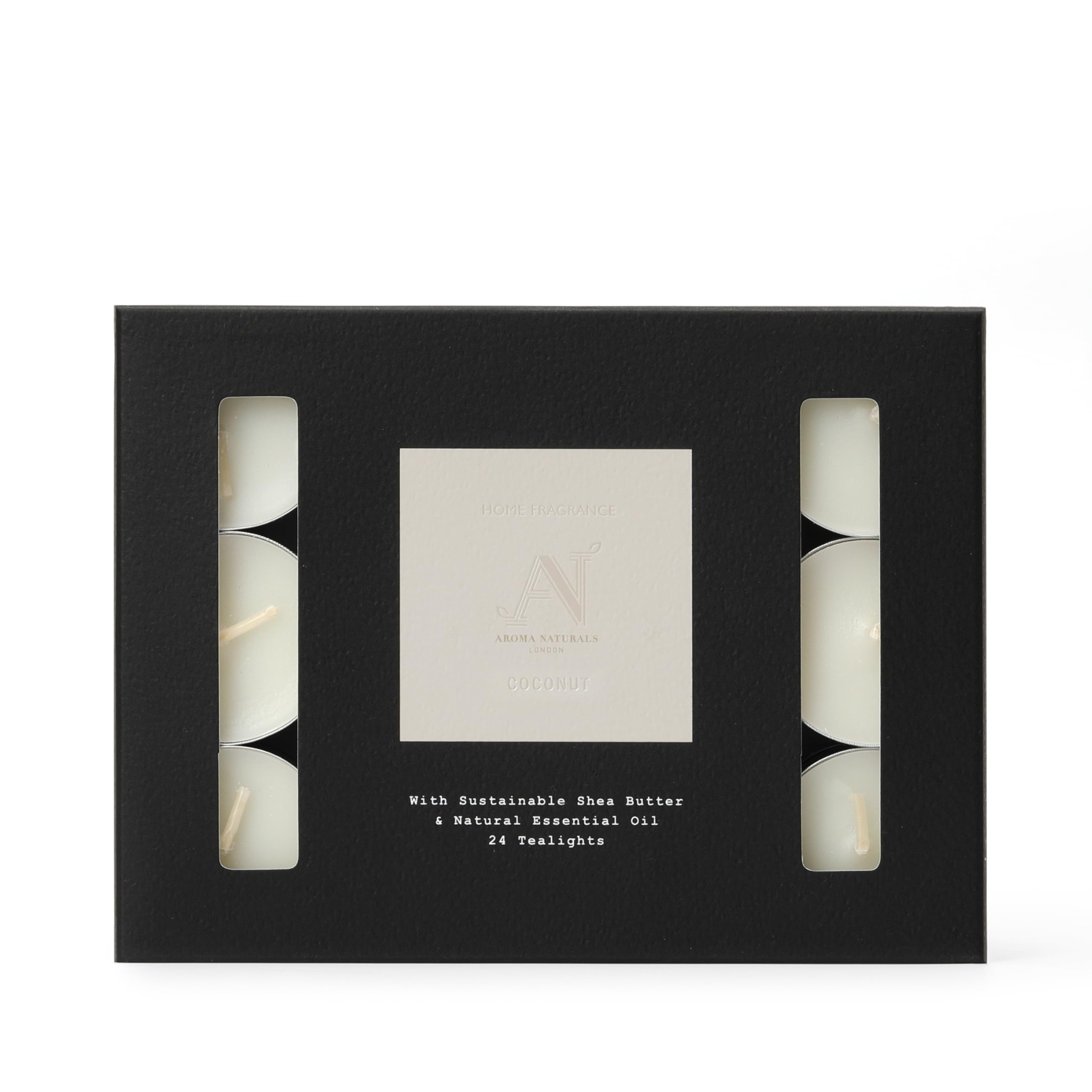 Aroma Naturals White; Aluminium London Scented Tealights Pack Of 24 Candles | Shea Wax Tealights 4 Hrs | Long-Lasting Burn | Various Fragrances For Home Ambience | D3.77 X H1.45cm | (Coconut)